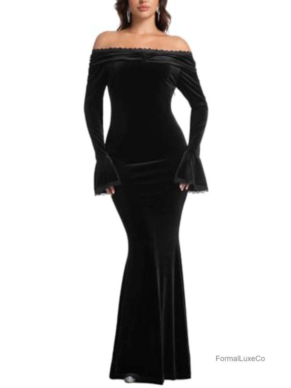 Women's Velvet Off Shoulder Maxi Dress Lace Trim Mermaid Formal Long Sleeve